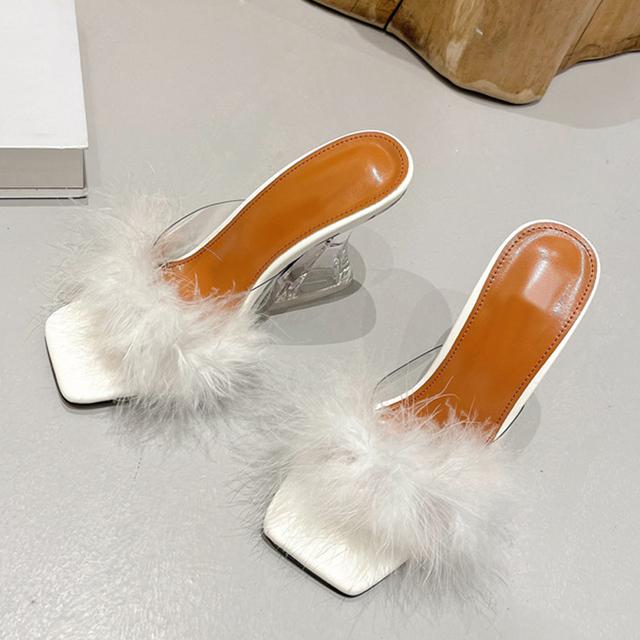 Size 35 -41 Sexy Strange Transparent Heels Slippers Fashion Fur Feather Summer Sandals Peep Toe Slip -On Clear Shoes Women Slides