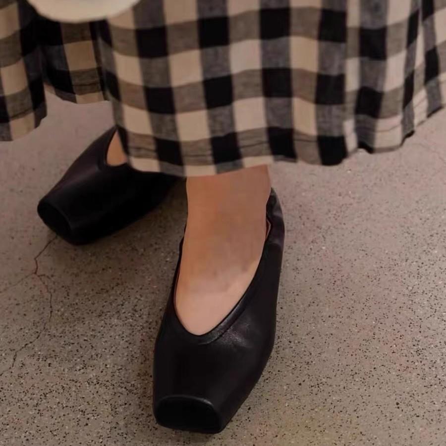 French Square Head Ballet Shoes Women's Leather Flat Bottom Shallow Mouth Grandma Shoes New Mary Jane