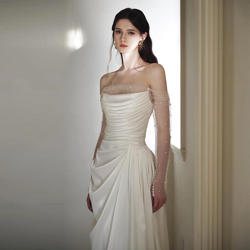 French Light Wedding Dress Bridal Tube Top Mori Super Fairy One-word Shoulder Out Dress Long-sleeved White Engagement Dress Dress