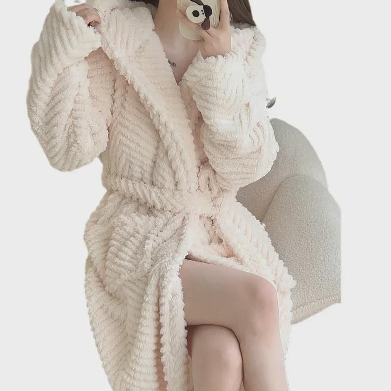 Women's Solid Color Jacquard Flannel Nightdress and Bathrobe - Thick Coral Fleece Lace-Up Pajamas for Autumn and Winter