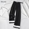 Women's High-Waist Wide-Leg Spliced Wool Blend Suit Trousers