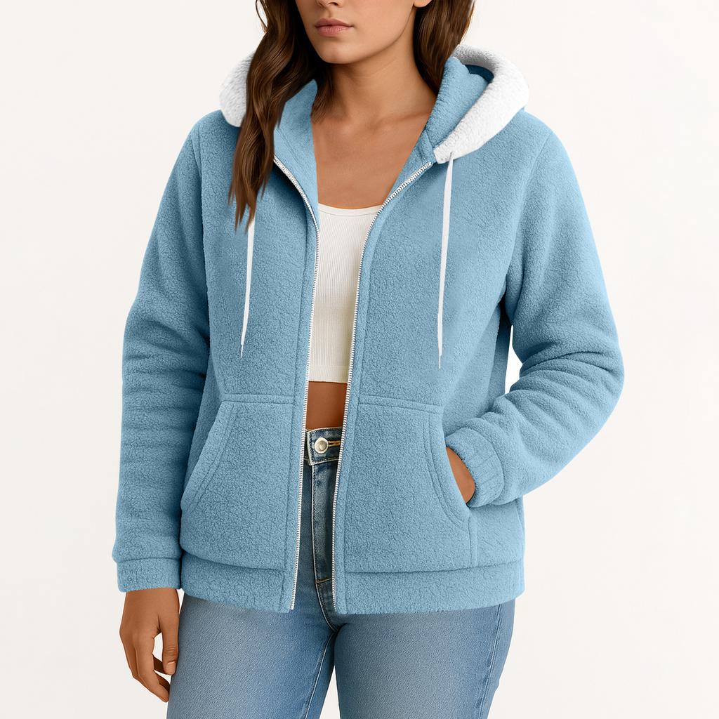 Women's  Fuzzy Fleece Jacket Hooded Color Block Patchwork Lady Cardigan Coat Outerwear With Pockets And Cat Ears