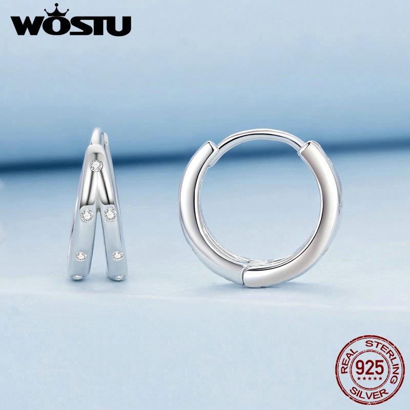 WOSTU 925 Sterling Silver Simple Zircon Double layers Ear Buckles Women Wedding Circle Hoop Earrings Party Jewelry Accessories