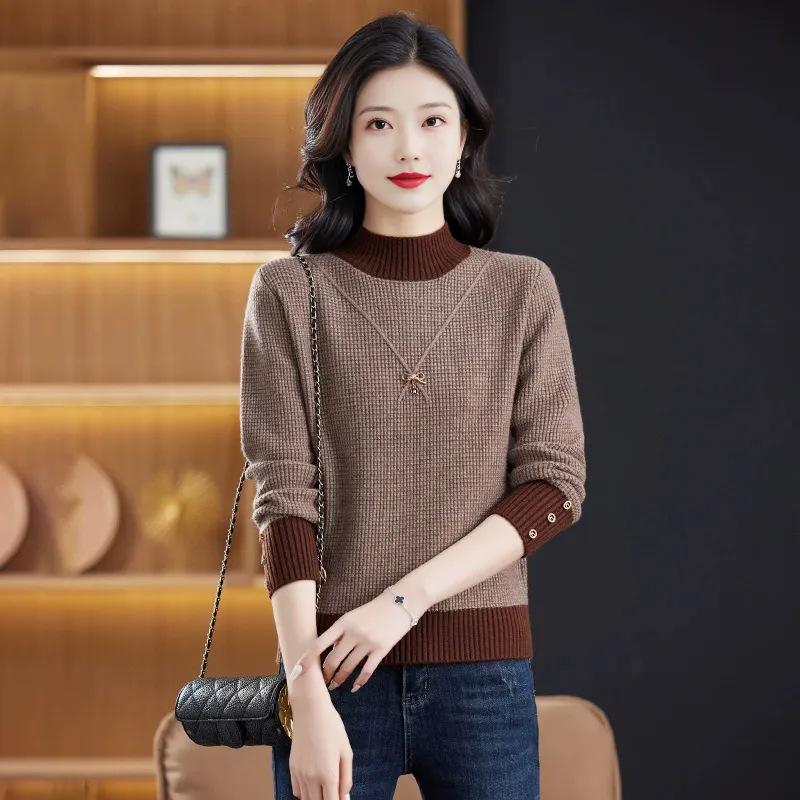 New semi-turtleneck winter women's red bottoming shirt fashion color matching loose knitted top autumn and winter sweater