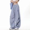 Deeptown Harajuku Vintage Y2k Blau Kariert Damen Cargohose Stickerei Krummschwert Weites Bein Koreanische Mode Hose Baggy Sommer