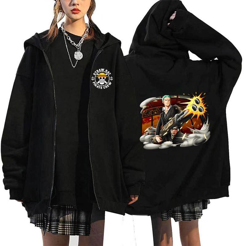 Mens Oversized Hooded Zip-Up Sweatshirt With One Piece Anime Print Plus Size Fleece-Lined Casual Jacket Fall