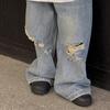 Wood Sheep Spring 2025 Kids' Wide-Leg Jeans with Ripped Hems - Trendy for Boys and Girls