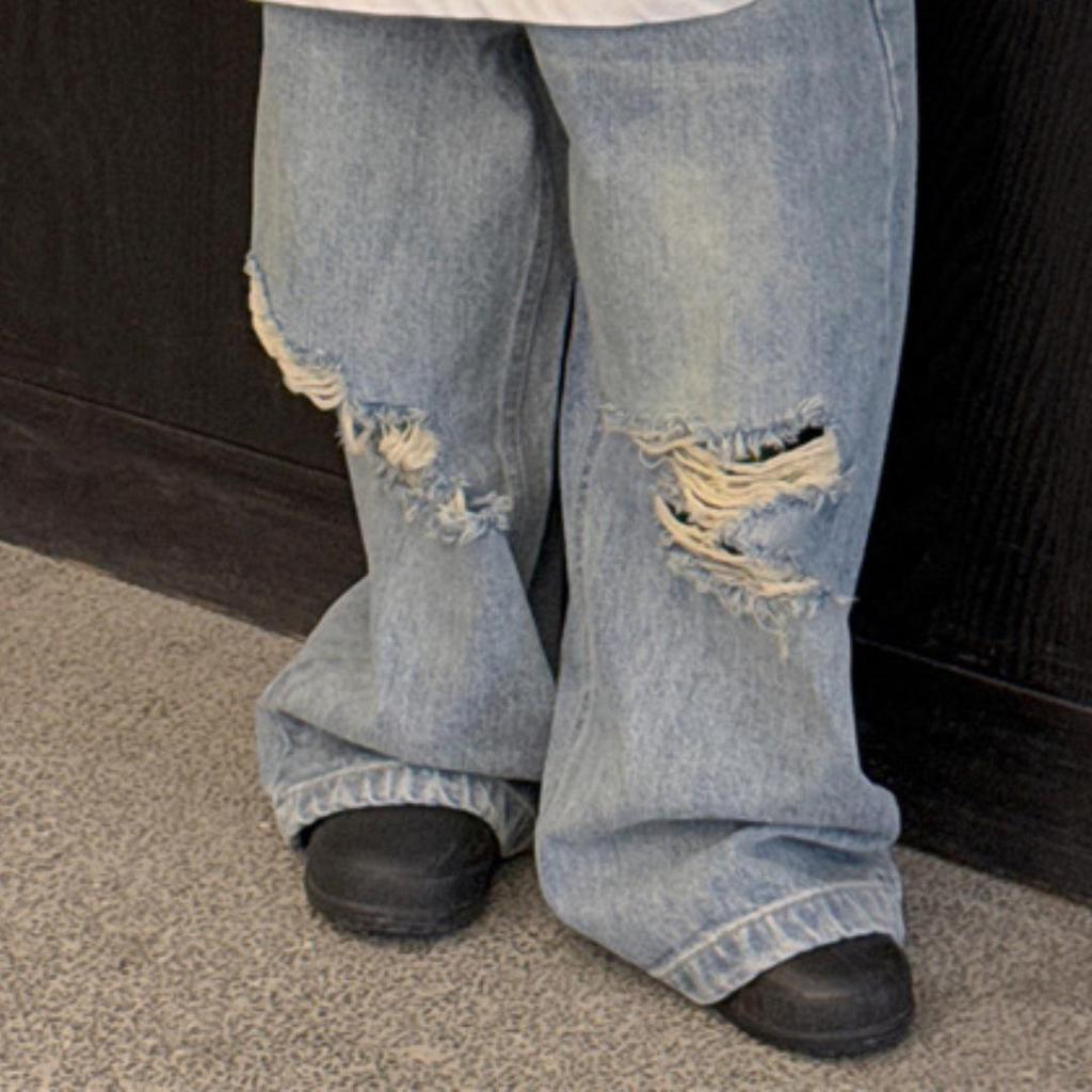 Wood Sheep Spring 2025 Kids' Wide-Leg Jeans with Ripped Hems - Trendy for Boys and Girls