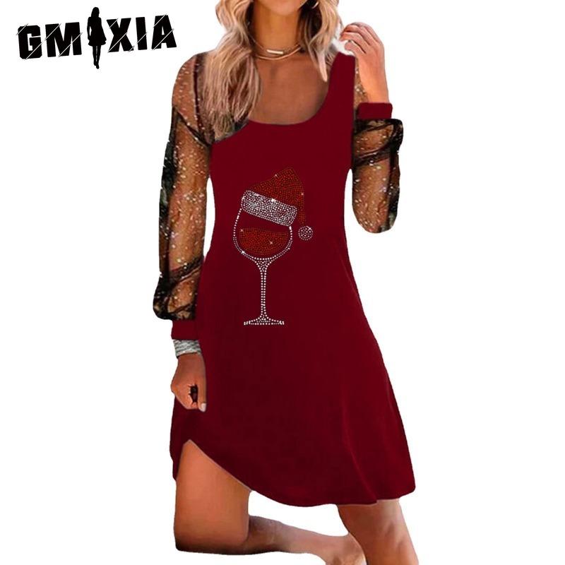 GMXIA Moda damă primăvară toamnă imprimeu culoare uni mâneci lungi decolteu cu talie înaltă rochii casual