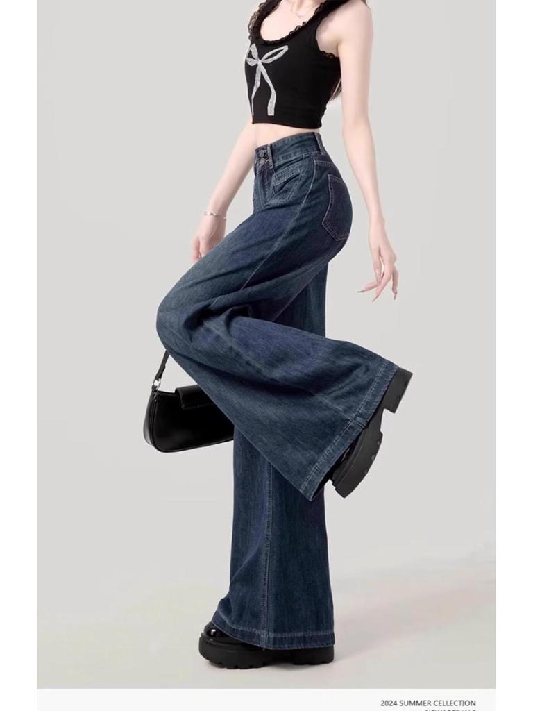 Plus Size Women's Retro Fleece-Lined Jeans: Loose High-Waisted Slimming Straight-Wide Leg Pants for Autumn/Winter 2024