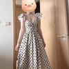 Summer backless polka dots waist slim small flying sleeves suspender dress French retro sweet and spicy temperament long dress women