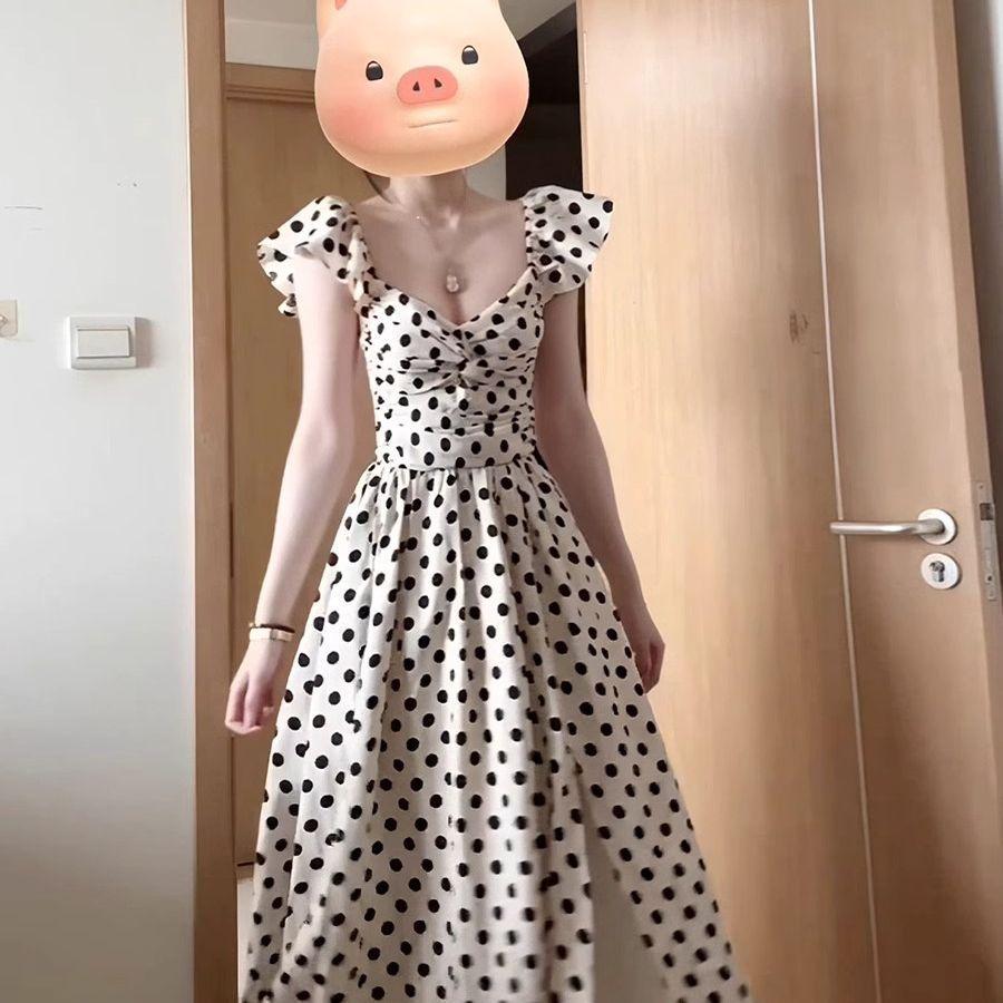 Summer backless polka dots waist slim small flying sleeves suspender dress French retro sweet and spicy temperament long dress women