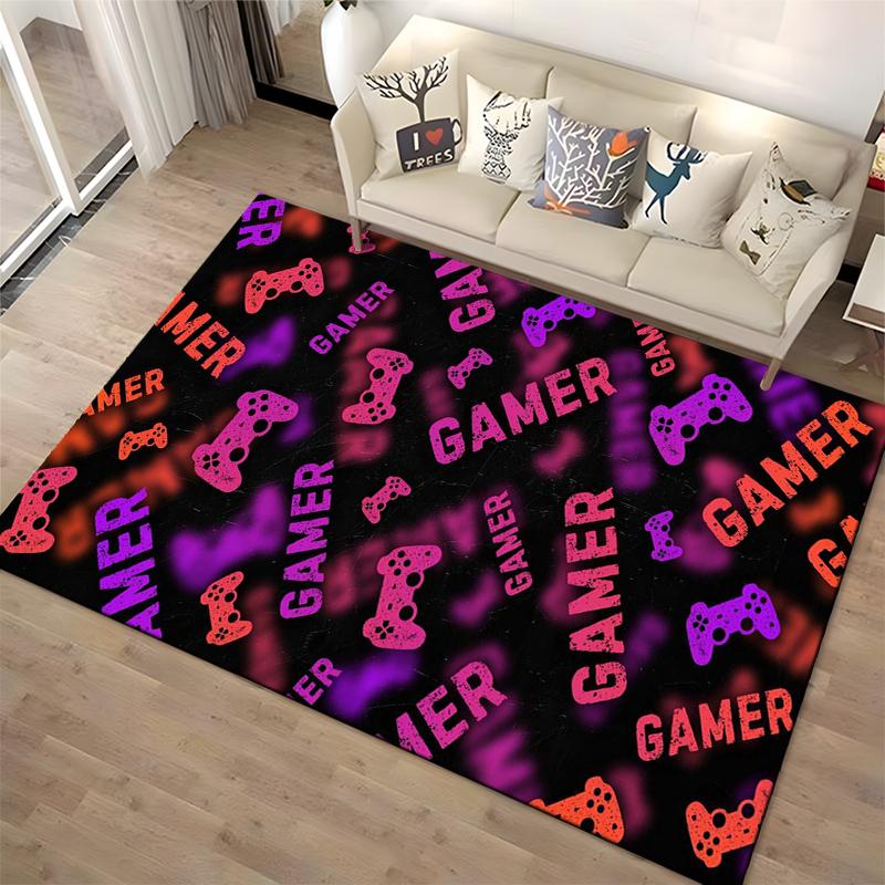 Gamer Carpet with Red and Purple Controller Pattern on Black Background Suitable for use as an anti-slip for living room bedroom sofas