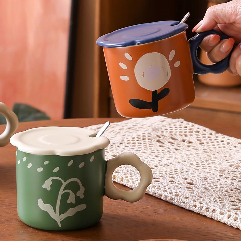 Retro Ölmalerei Stil Tasse mit Deckel Löffel hoher Wert personalisierte handbemalte Keramiktasse Büro Kaffeetasse Nische