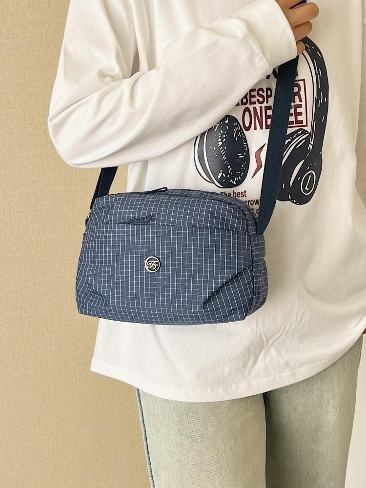 Korean Style Nylon Crossbody Bag With Grid Pattern For Casual Daily Use