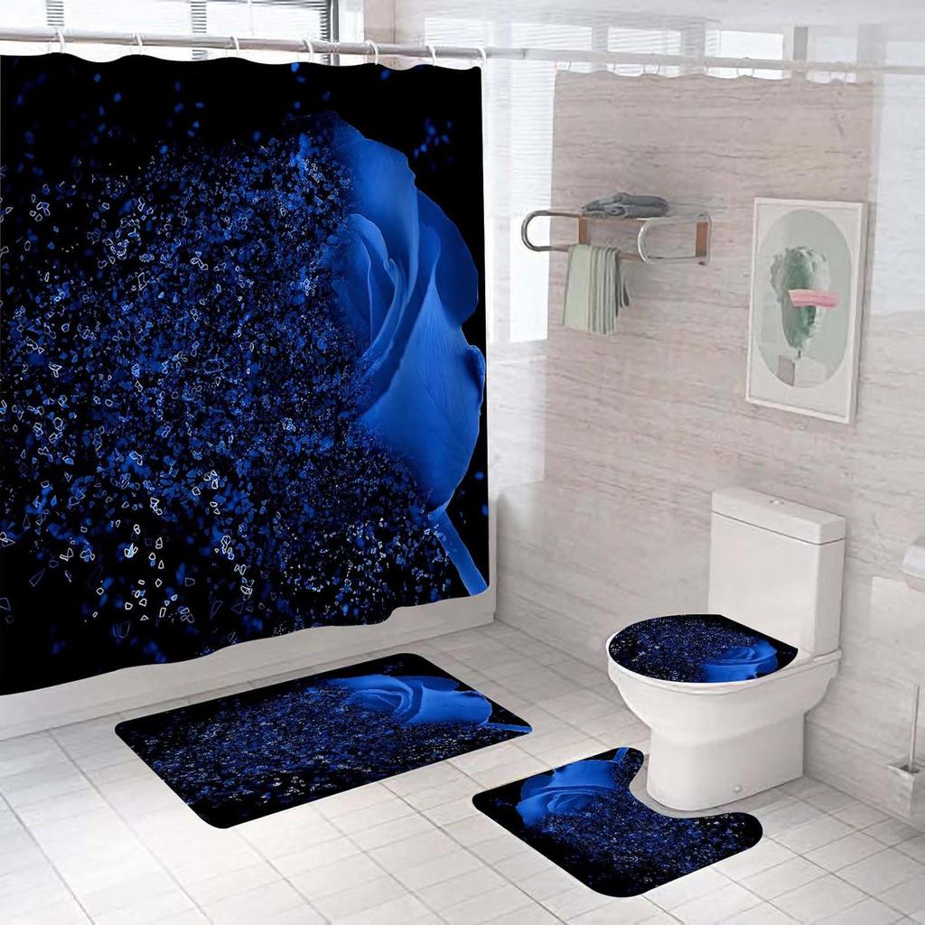 Elegant Blue Floral Shower Curtain Set Bathtub Curtains Non-Slip Carpet Bath Mat Toilet Cover Bathroom Set Decoration Without