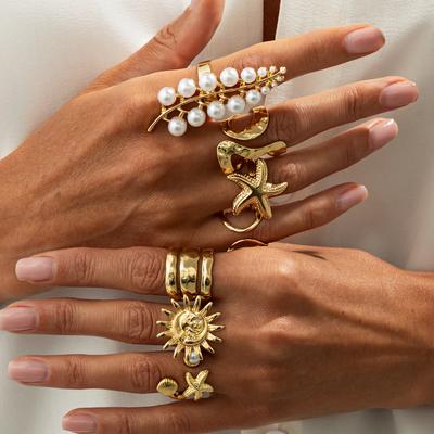 Personality Irregular Starfish Sun Ring Set Female, Fashion Imitation Pearl Leaf Ring Rings