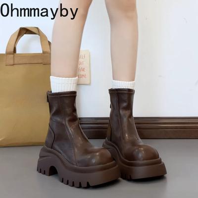 Britischer Stil Plateau Höhe Erhöhung Damen Kurze Stiefel Herbst Winter Damen Klobige Motorradstiefel