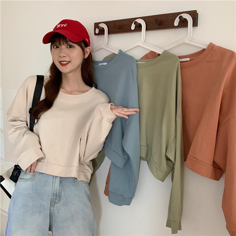 Spring and Autumn Regular Models Loose Thin Section Sweater Women Casual Short Section Round Neck Long-sleeved T-shirt Retro Versatile Sweatshirt