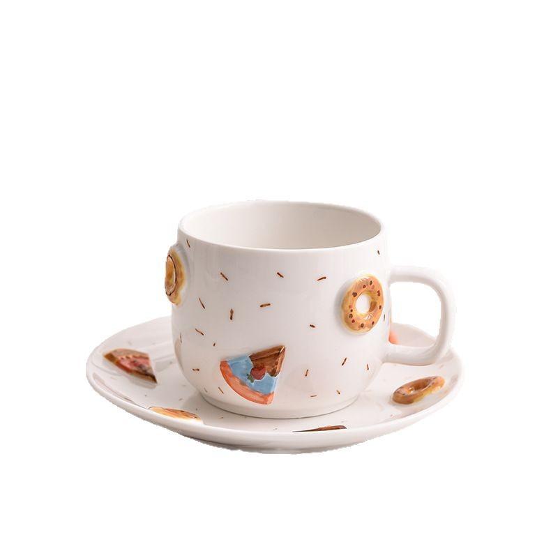 European Ceramic Coffee Cup Saucer Creative Donut Mug Exquisite Afternoon Tea Flower Tea Coffee Cup Breakfast Mug Birthday Gift