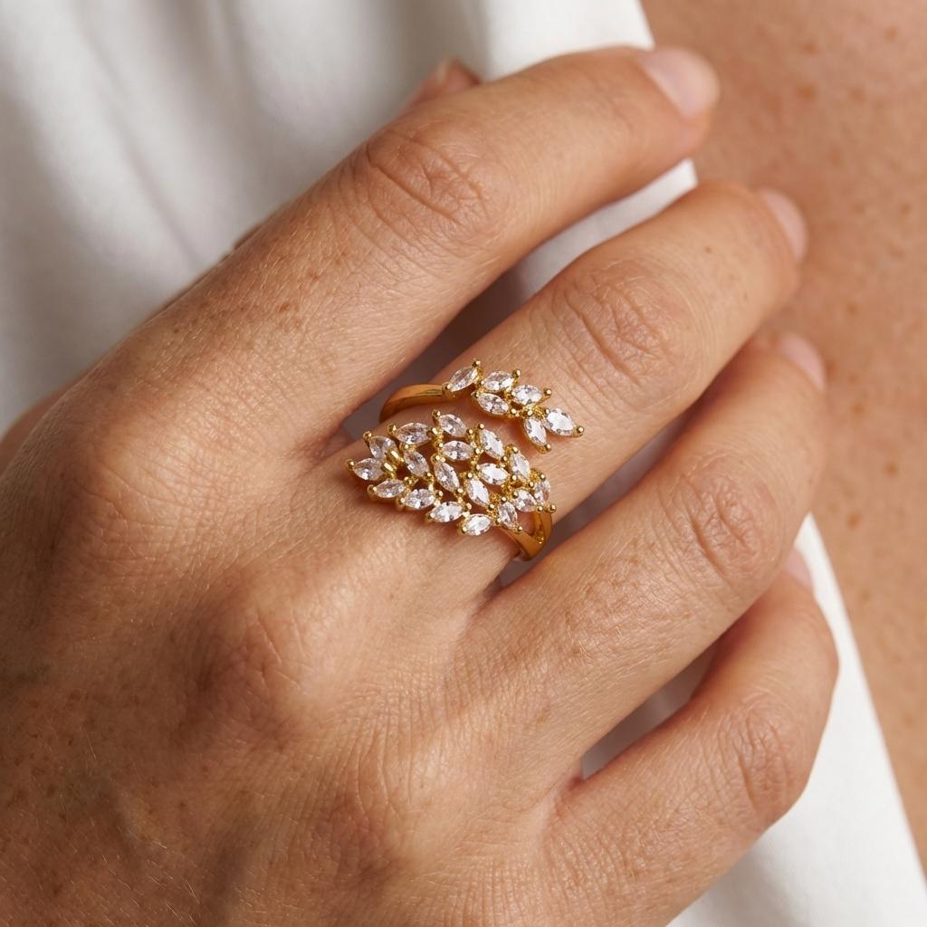 Anello Aperto Ispirato alla Spiga di Grano Fortunata per Donna Dorato Scintillante con Pietra CZ Regalo Romantico Regolabile per il Suo Compleanno Anniversario