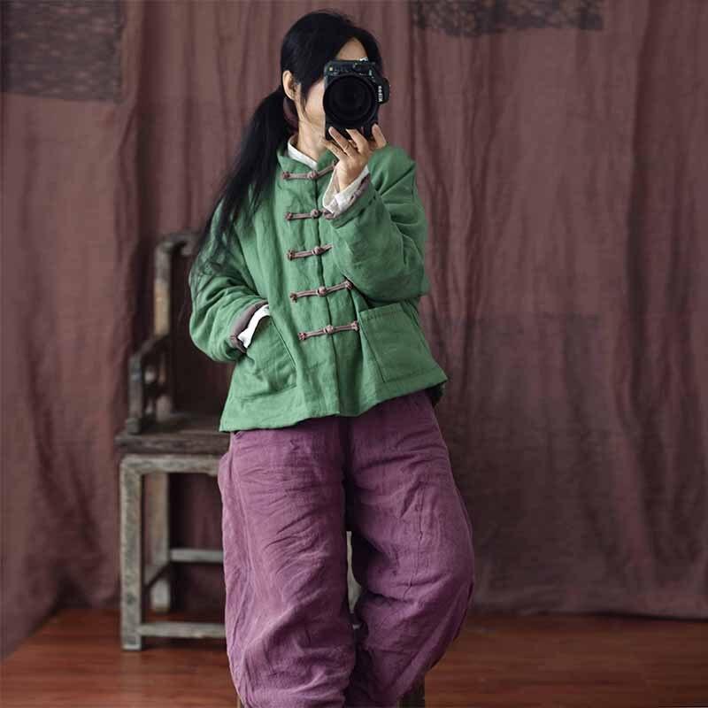 Johnature Frauen Vintage Leinen Parkas Taste Einfarbig Mäntel Winter Stand Plus Baumwolle Taschen Weibliche Chinesische Parkas