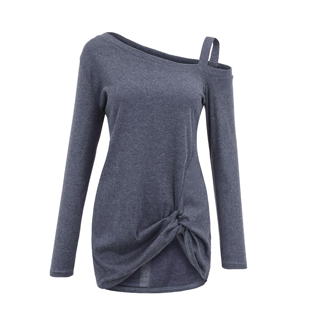 Womens Casual Soft Long Sleeves O Neck Knot Side Blouse Top T-Shirt