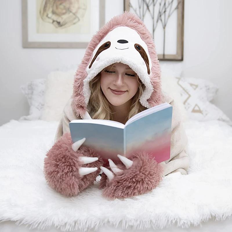 Cartoon Animal Hooded Blanket Soft Fleece Lamb Velvet with Sleeves Gloves Comfortable Winter Home TV Sofa Nap Blanket