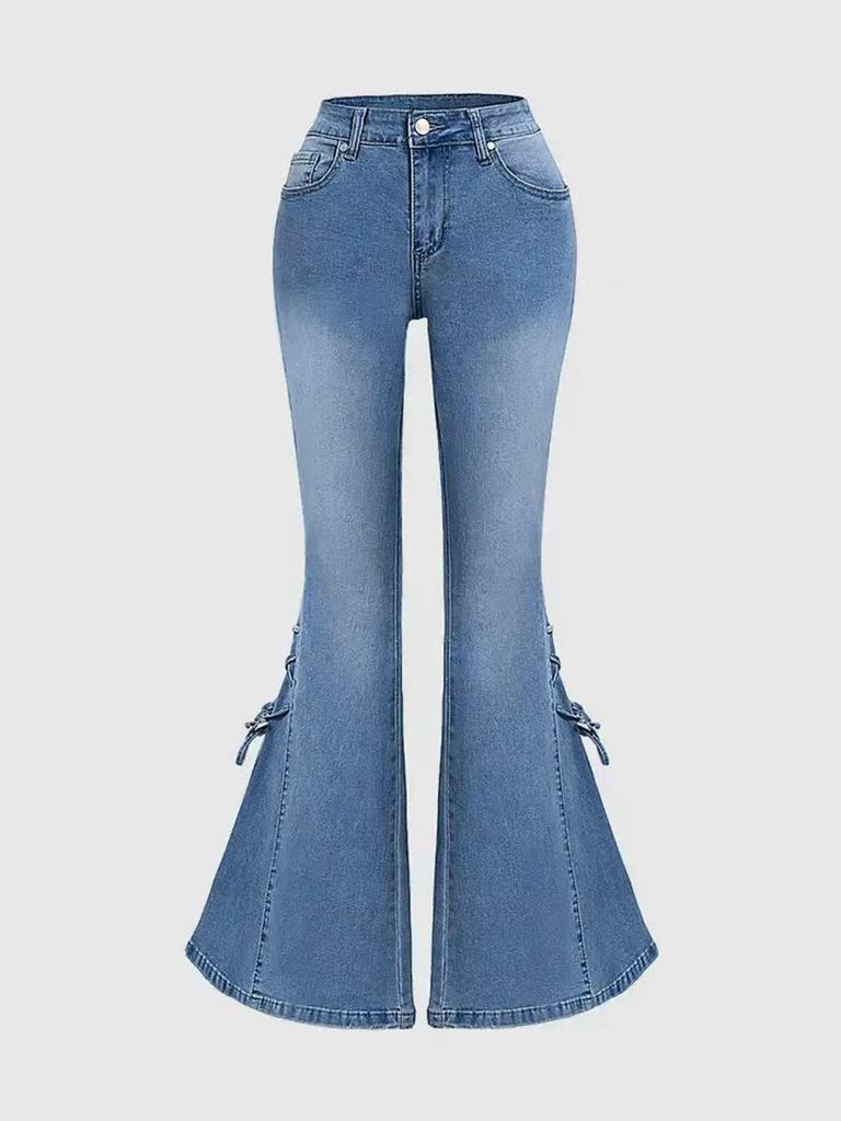Cross-border Women's Mid-Waist Elastic Slimming Flare Bow Lace-up Jeans