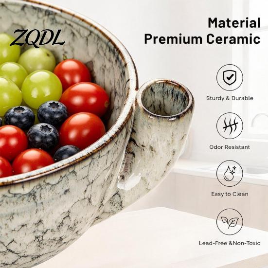 Self Spinning Fruit Washing Bowl Ceramic Berry Swirl Bowl, Auto Vegetable Drainage for Strawberries Colander with Drain Holes, Kitchen Produce Cleaner