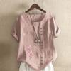 Women's FashionPink Flowers Prined Round Neck Short Sleeve T-shirt Casual Cotton Linen Graphic Shirt Leisure Loose Summer Blouse Tops Plus Size