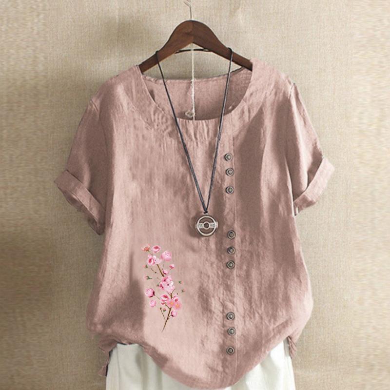Women's FashionPink Flowers Prined Round Neck Short Sleeve T-shirt Casual Cotton Linen Graphic Shirt Leisure Loose Summer Blouse Tops Plus Size