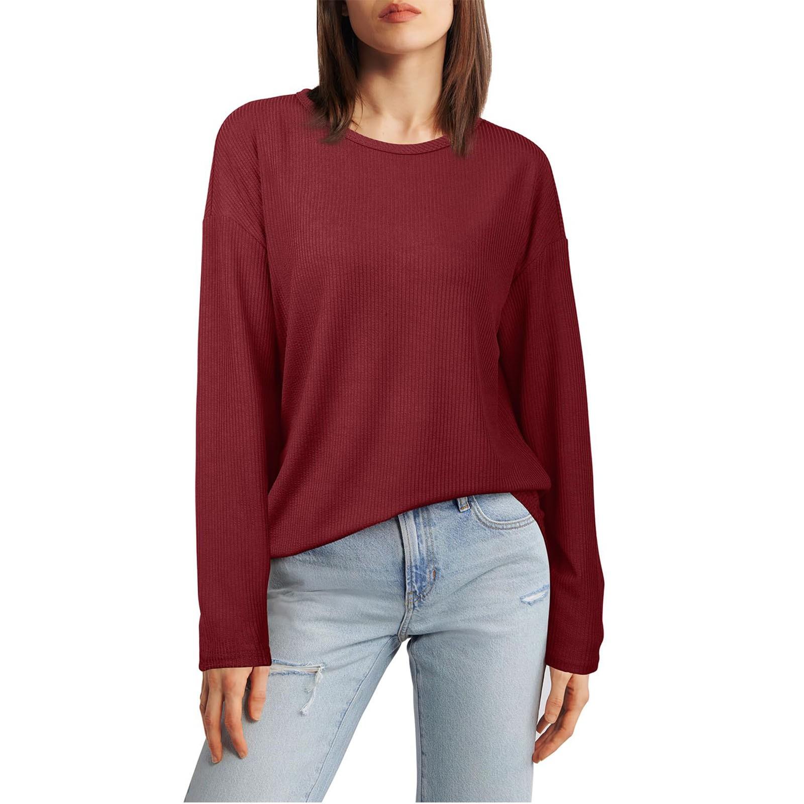 

Женские топы с длинным рукавом, трикотажные ребристые рубашки с круглым вырезом, осенние туники с закругленным подолом 2024 года, модная одежда S винный