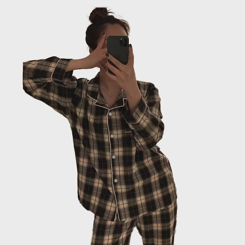 Dámská podzimní kostkovaná pyžamová souprava: Ležérní, Pohodlný, Tenký Styl, Kardigan s klopami, Dvoudílný pro domov