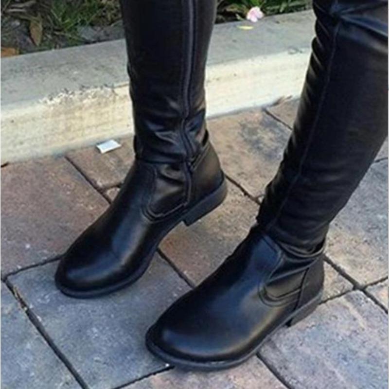 Fashion Chunky Heels Over Knee Boot Women Thigh High Flat Boots Ladies Solid Color Shiny Leather Large Boots Black Slim Shoes De Mujer