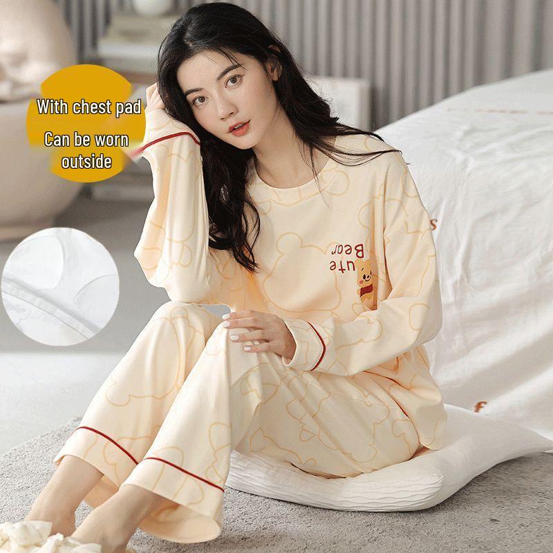Women's Korean Style Cartoon Long Sleeve Casual Home Set with Chest Pads
