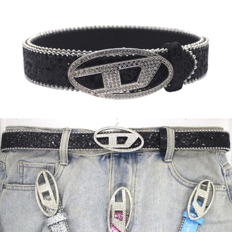 Shinning PU Belt with Rhinestones Buckle Woman Girl Decorative Belt for Skirt