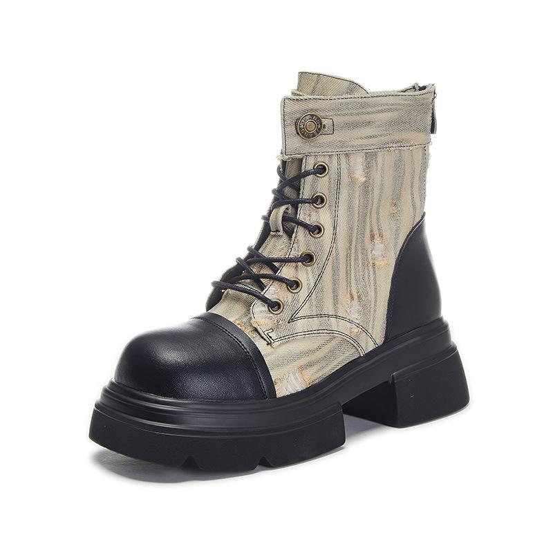 Leather Martin Boots Women's 2025 Autumn New Ripped Cowboy Boots Thick Heel Boots Children's Casual Women's Boots Thick-soled Short Boots