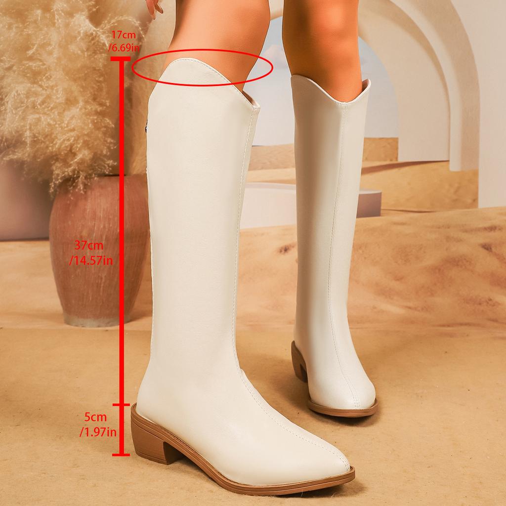 Fashion Retro Embroidered Western Cowboy Pure Color Chunky Heel Pointed Toe Ort Boots for Women Faionable Autumn New