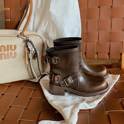 Seconds Hair~ Grape Mother, Retro Polished Belt Buckle, Old Thick Heel Locomotive British Style Short Boots, New Women
