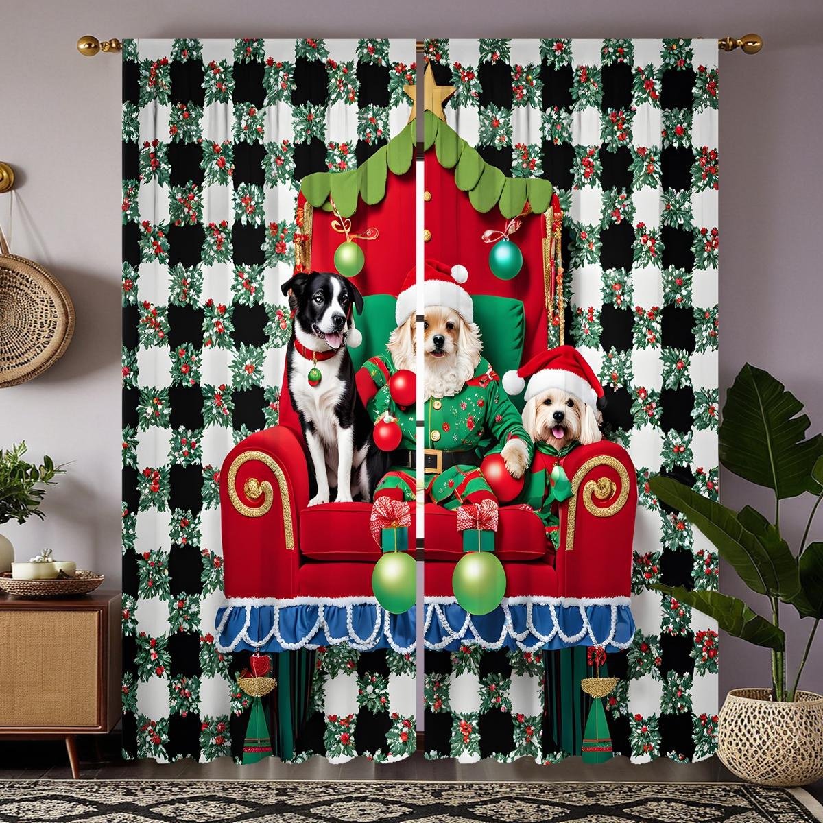 

2 шт. HD Рождественский диван собака клетчатая занавеска латте зеленая галстук цифровая печатная занавеска украшение дома стиль украшение гостиная W52H63inchW132H160cm