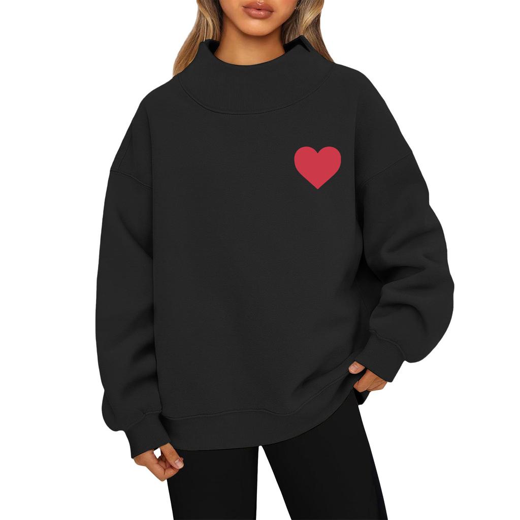 Women's Valentine's Day Print Fashion Loose High-Collar Long Sleeve Color Sweatshirt Pullover