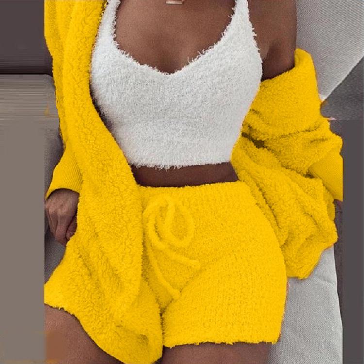 Conjunto de Pijama de Felpa de Invierno para Mujer, Estilo Europeo y Americano, 3 Piezas: Top Corto de Manga Larga, Chaleco y Shorts