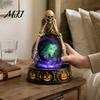 Spooky Home Ornament LED Lighted Halloween Faux Crystal Ball Decoration, Resin Witch/Skeleton/Cat/Ghost Figurine with Ghostly Castle Night