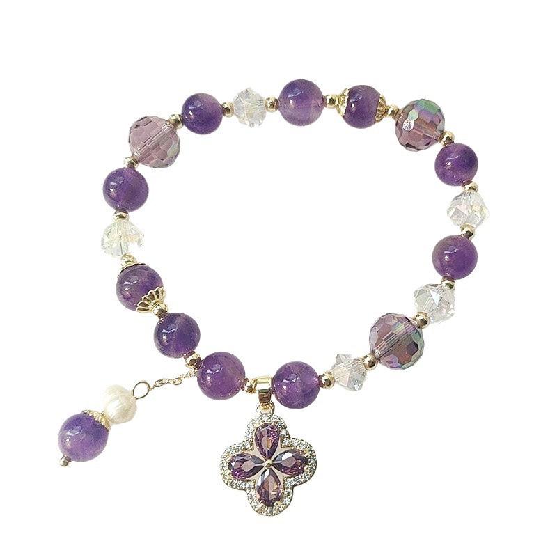 Natural Amethyst Women's Bracelet with Four-Leaf Clover Pendant - Elegant Purple Crystal Jewelry