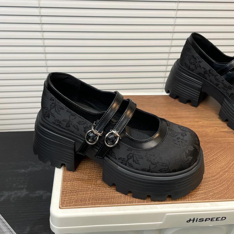 

Нове китайське жіноче взуття Guochao Mary Jane 2025 року, нове принтоване маленьке шкіряне взуття на товстому каблуці, збільшення висоти, неглибока платформа jk, одинарне взуття 40 чорний