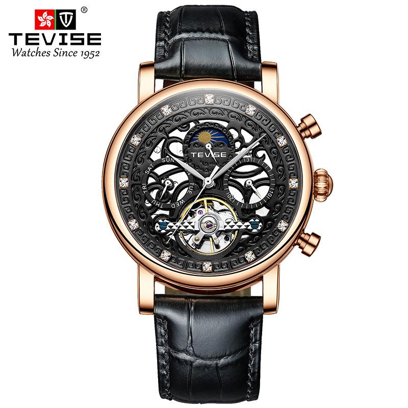 TEVISE New Men's Watch Diamond Day and Night Star Tourbillon Business Watch Leisure Calendar Mechanical Watch