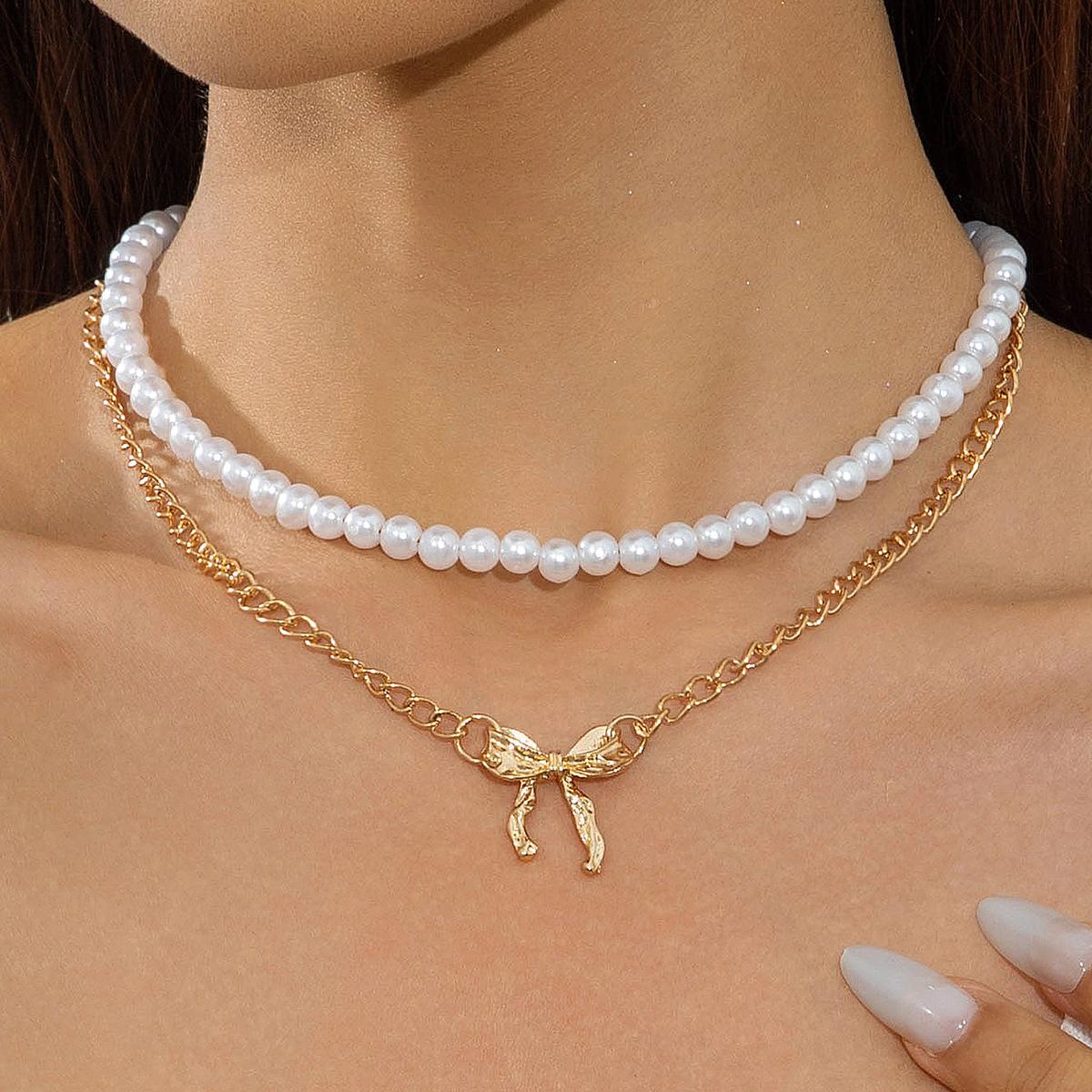 Accessories, Korean temperament double-layer stacked pearl necklace, simple alloy bow collarbone chain