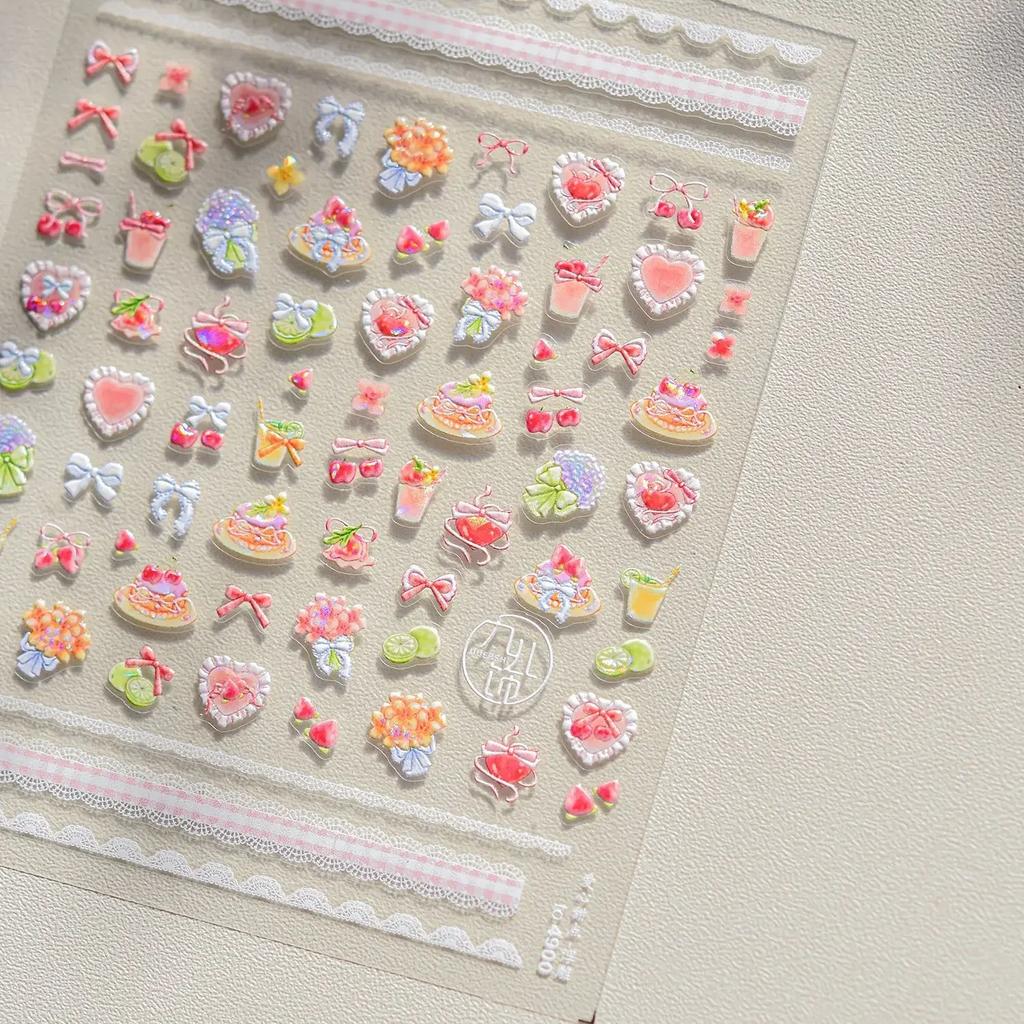 5D Pudding Jelly Dessert Fruit Cherry Pink Claw Print Bowknot Tie Knot Love Heart Stars Nail Art Sticker Adhesive Manicure Decal