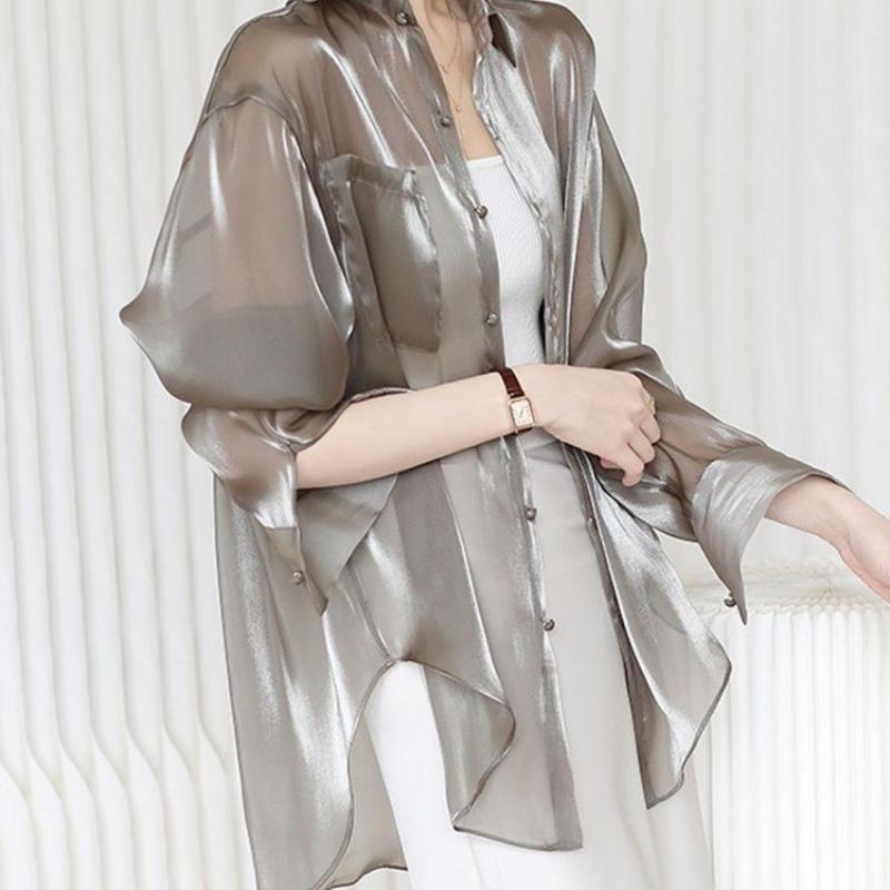 

Солнцезащитная одежда Ice Silk для женщин летом. Тонкая рубашка с чувством дизайна. Нестандартная верхняя часть. Черная шифоновая рубашка. Пальто. XL